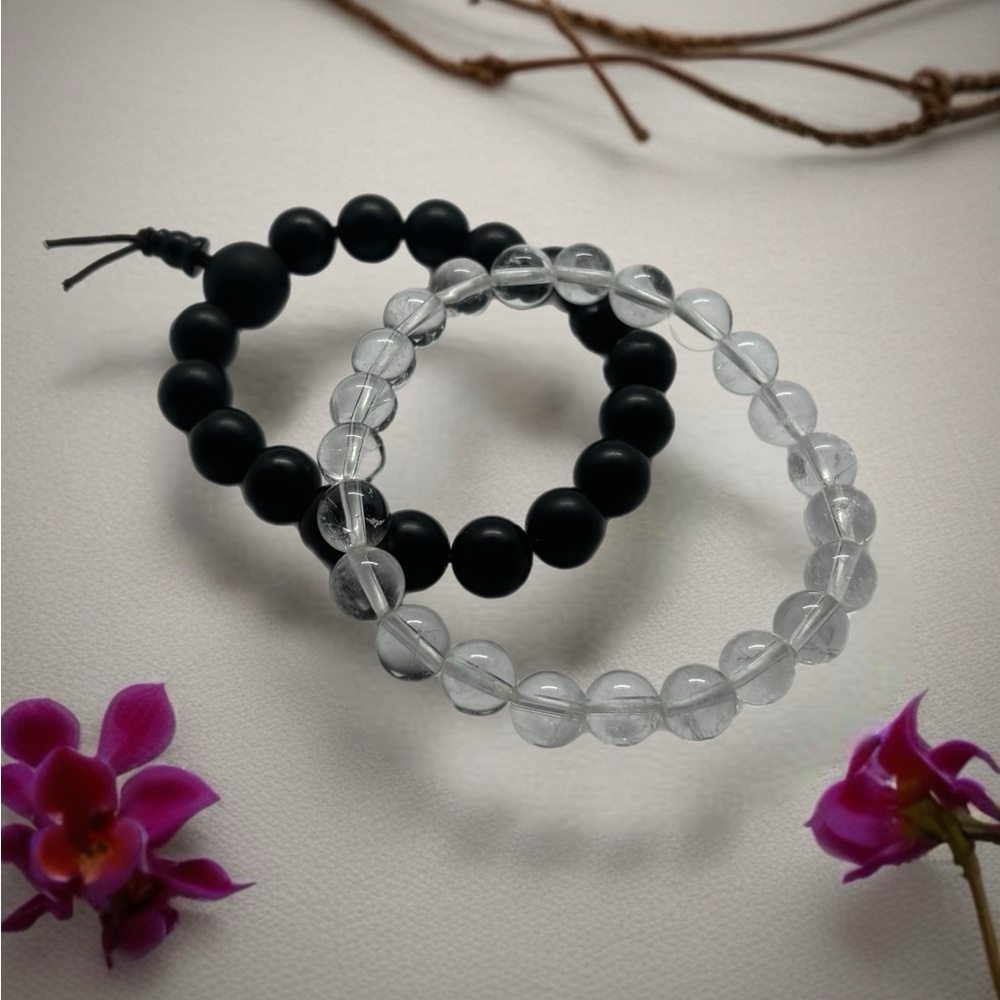 Black and Clear Beaded Bracelets Set